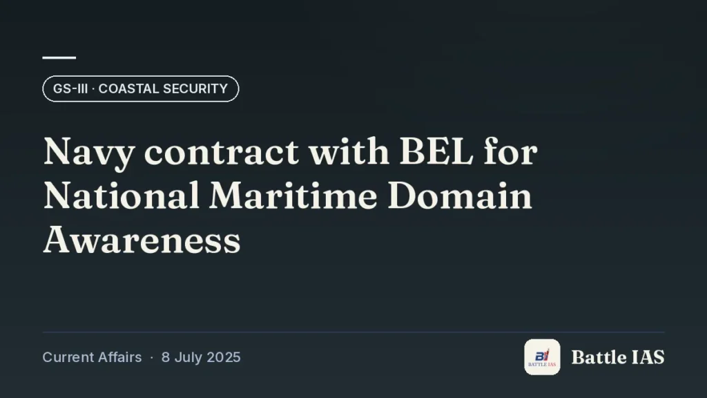 Battle IAS current affairs title card: Navy contract with BEL for National Maritime Domain Awareness (GS3 · Coastal security, 8 July 2025)