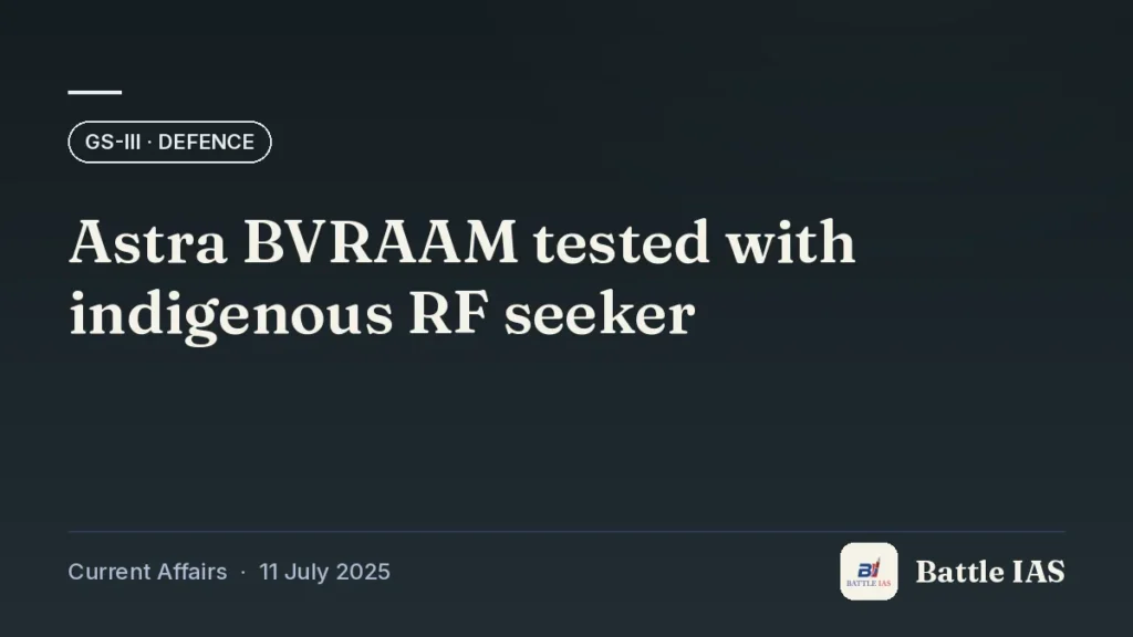 Battle IAS current affairs title card: Astra BVRAAM tested with indigenous RF seeker (GS3 · Defence, 11 July 2025)