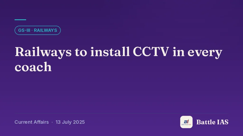 Battle IAS current affairs title card: Railways to install CCTV in every coach (GS3 · Railways, 13 July 2025)