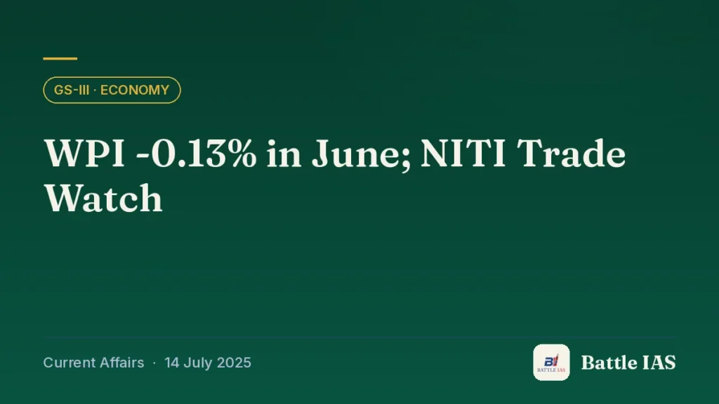 Battle IAS current affairs title card: WPI -0.13% in June; NITI Trade Watch (GS3 · Economy, 14 July 2025)