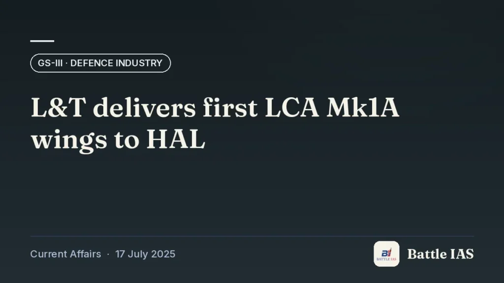 Battle IAS current affairs title card: L&T delivers first LCA Mk1A wings to HAL (GS3 · Defence industry, 17 July 2025)