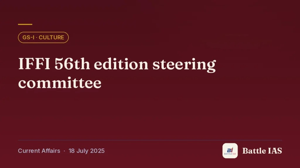 Battle IAS current affairs title card: IFFI 56th edition steering committee (GS1 · Culture, 18 July 2025)