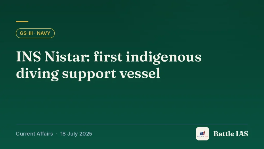 Battle IAS current affairs title card: INS Nistar: first indigenous diving support vessel (GS3 · Navy, 18 July 2025)