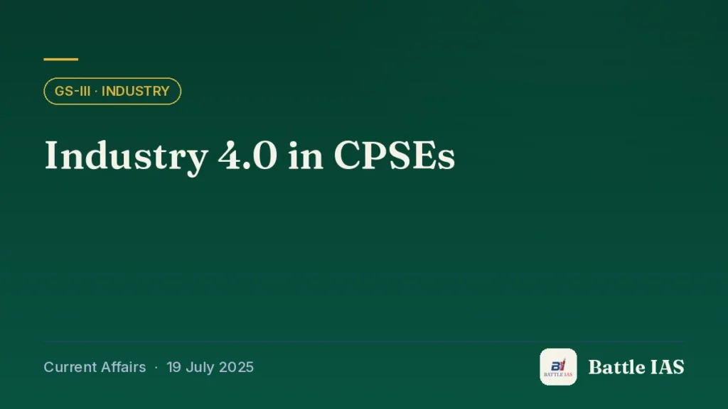 Battle IAS current affairs title card: Industry 4.0 in CPSEs (GS3 · Industry, 19 July 2025)
