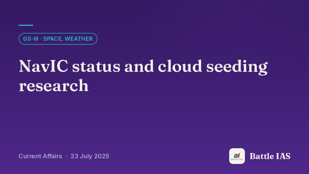 Battle IAS current affairs title card: NavIC status and cloud seeding research (GS3 · Space, Weather, 23 July 2025)