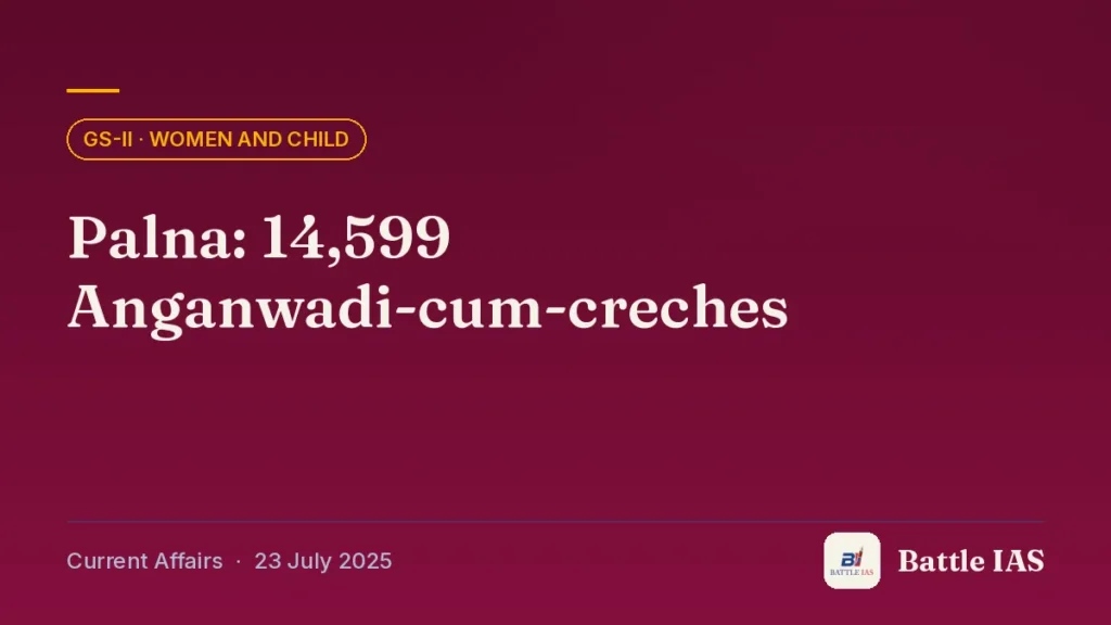 Battle IAS current affairs title card: Palna: 14,599 Anganwadi-cum-creches (GS2 · Women and child, 23 July 2025)