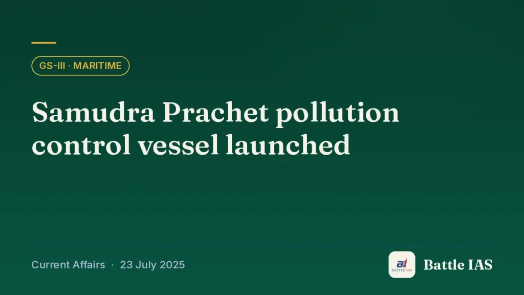 Battle IAS current affairs title card: Samudra Prachet pollution control vessel launched (GS3 · Maritime, 23 July 2025)