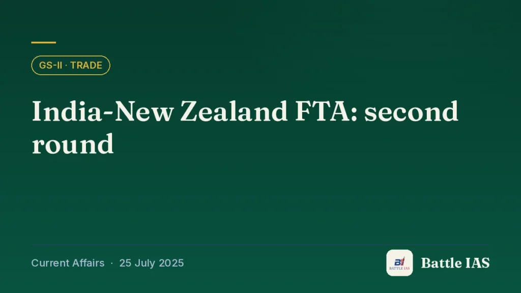 Battle IAS current affairs title card: India-New Zealand FTA: second round (GS2 · Trade, 25 July 2025)
