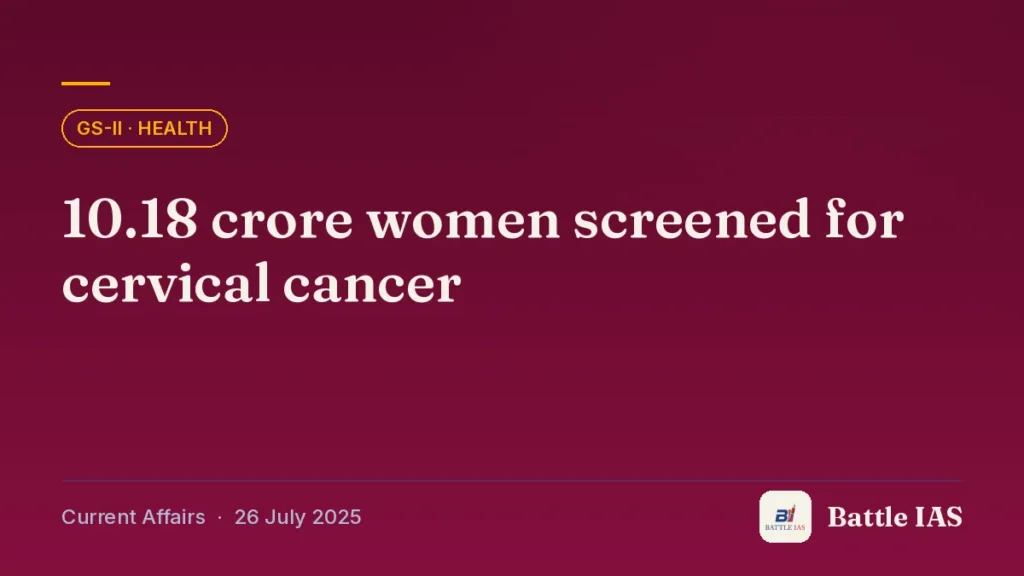 Battle IAS current affairs title card: 10.18 crore women screened for cervical cancer (GS2 · Health, 26 July 2025)