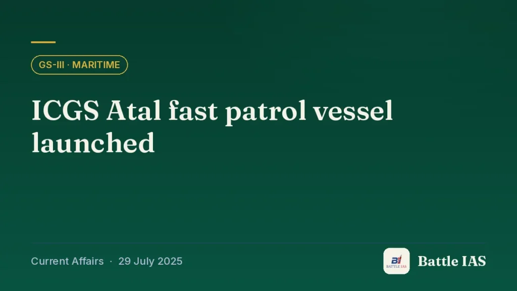 Battle IAS current affairs title card: ICGS Atal fast patrol vessel launched (GS3 · Maritime, 29 July 2025)