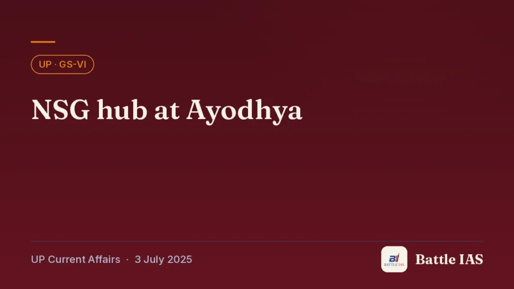 Battle IAS UP current affairs title card: NSG hub at Ayodhya (, 3 July 2025)