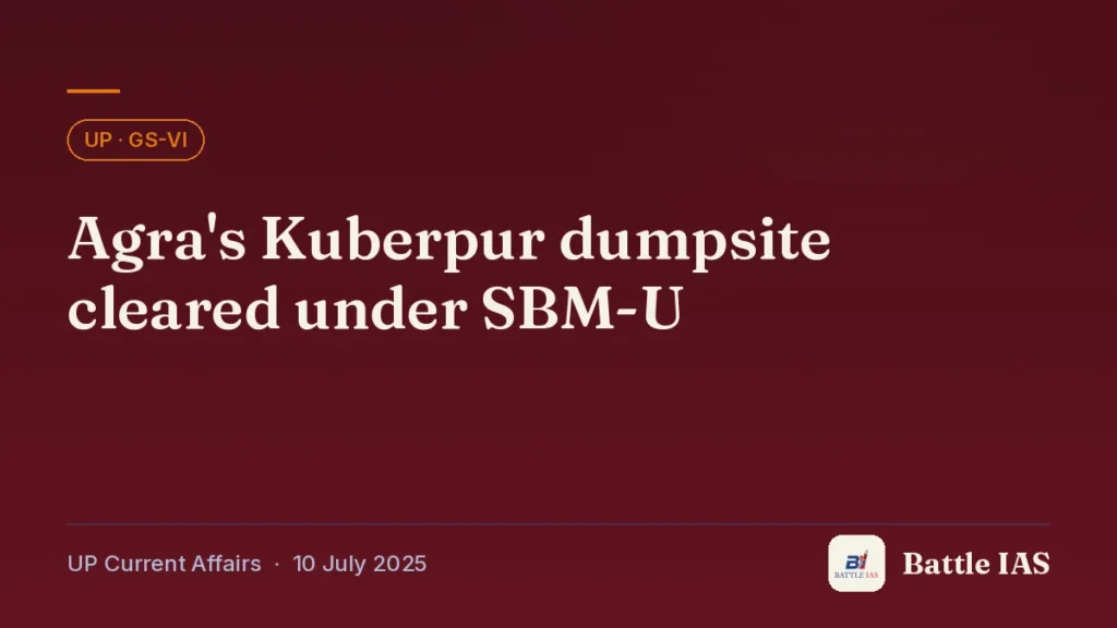Battle IAS UP current affairs title card: Agra's Kuberpur dumpsite cleared under SBM-U (, 10 July 2025)