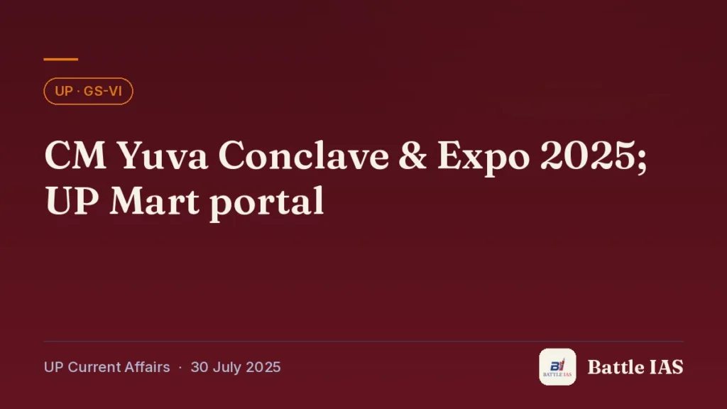 Battle IAS UP current affairs title card: CM Yuva Conclave & Expo 2025; UP Mart portal (, 30 July 2025)