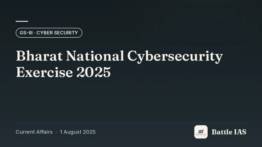 Battle IAS current affairs title card: Bharat National Cybersecurity Exercise 2025 (GS3 · Cyber security, 1 August 2025)