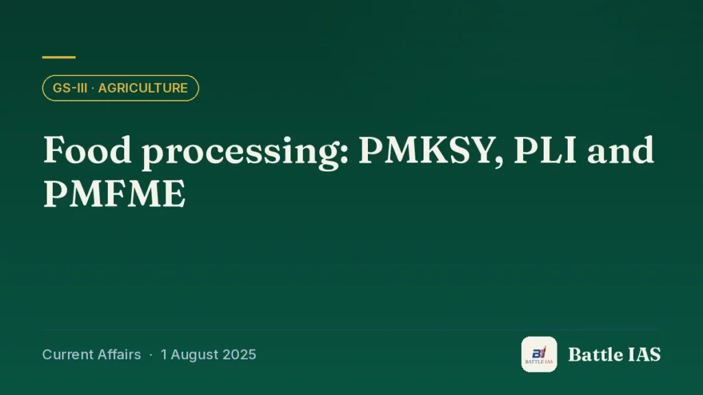Battle IAS current affairs title card: Food processing: PMKSY, PLI and PMFME (GS3 · Agriculture, 1 August 2025)