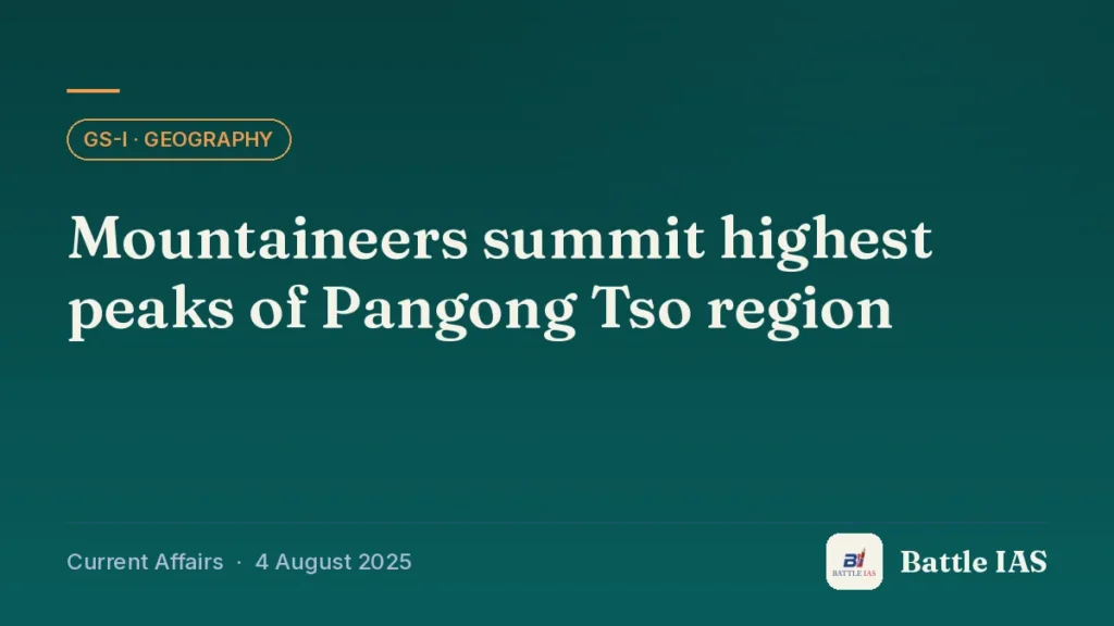 Battle IAS current affairs title card: Mountaineers summit highest peaks of Pangong Tso region (GS1 · Geography, 4 August 2025)