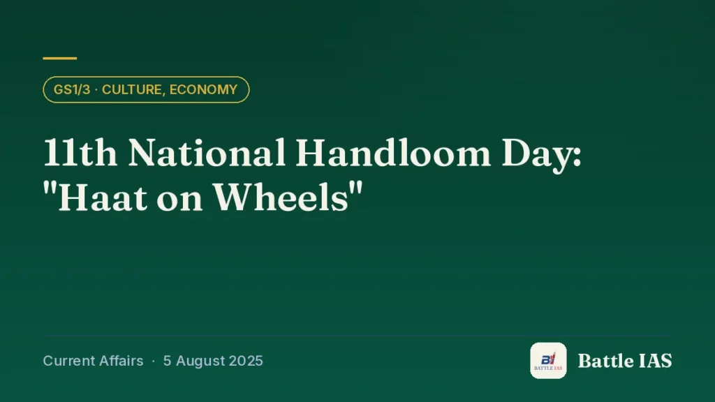 Battle IAS current affairs title card: 11th National Handloom Day: "Haat on Wheels" (GS1/3 · Culture, Economy, 5 August 2025)