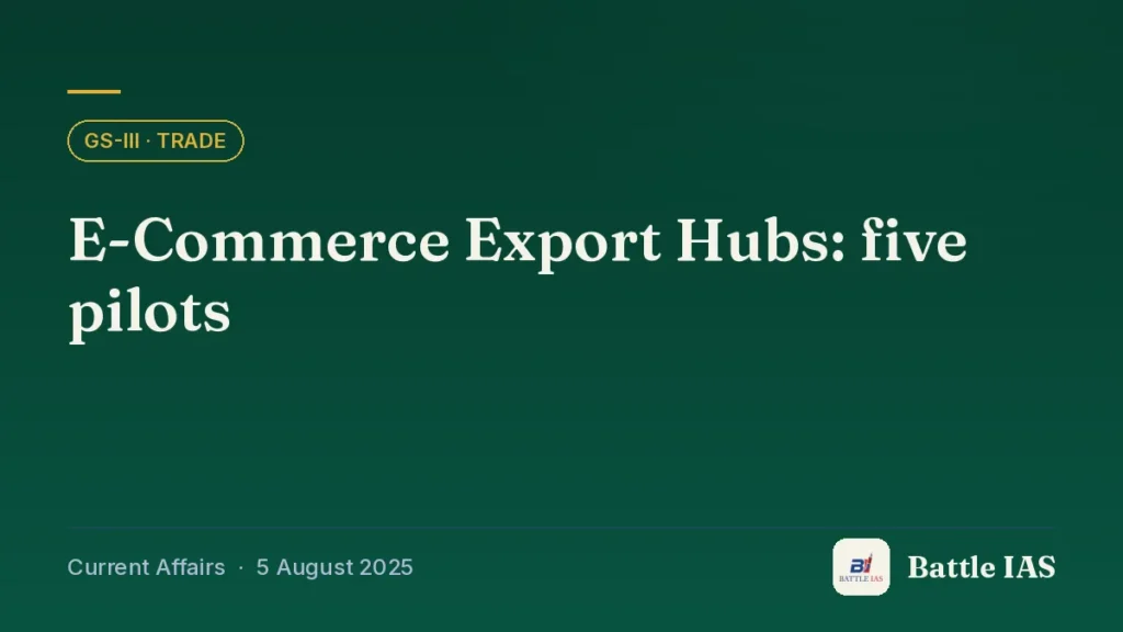 Battle IAS current affairs title card: E-Commerce Export Hubs: five pilots (GS3 · Trade, 5 August 2025)