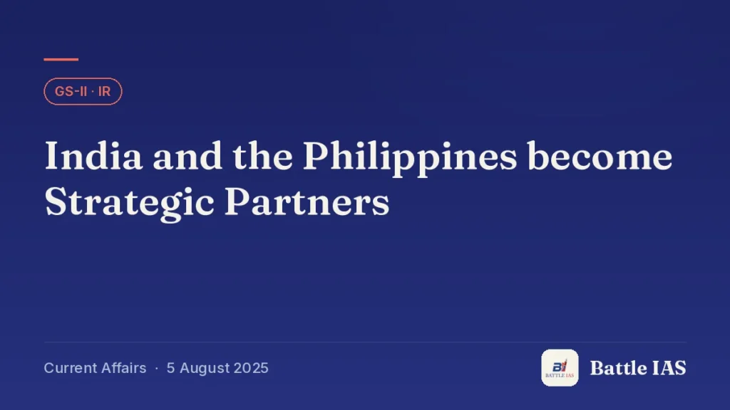 Battle IAS current affairs title card: India and the Philippines become Strategic Partners (GS2 · IR, 5 August 2025)