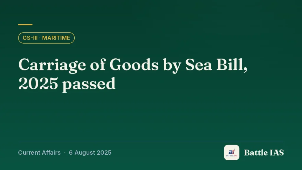 Battle IAS current affairs title card: Carriage of Goods by Sea Bill, 2025 passed (GS3 · Maritime, 6 August 2025)