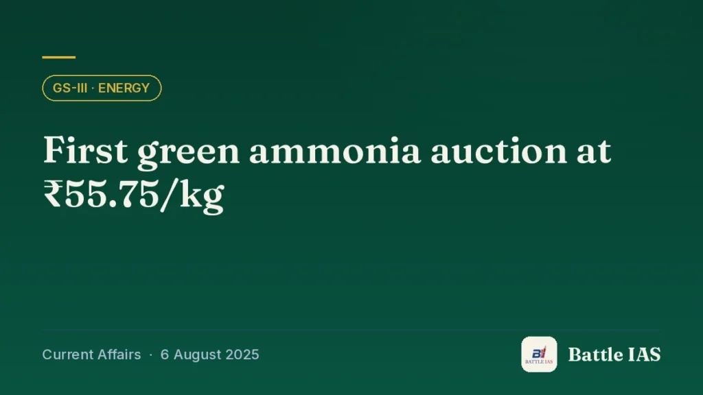 Battle IAS current affairs title card: First green ammonia auction at ₹55.75/kg (GS3 · Energy, 6 August 2025)