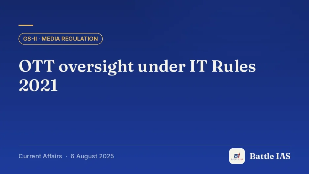 Battle IAS current affairs title card: OTT oversight under IT Rules 2021 (GS2 · Media regulation, 6 August 2025)