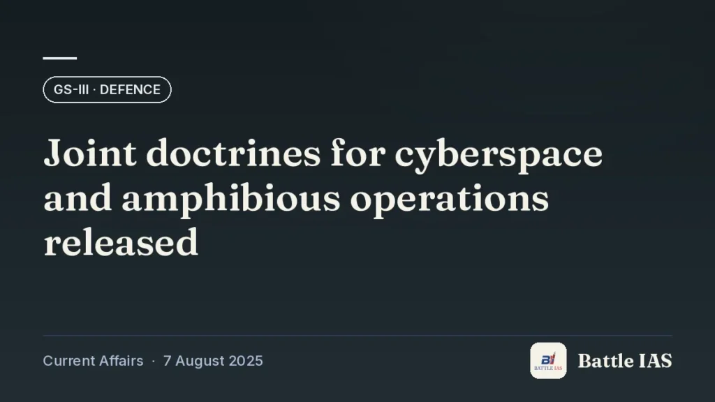 Battle IAS current affairs title card: Joint doctrines for cyberspace and amphibious operations released (GS3 · Defence, 7 August 2025)