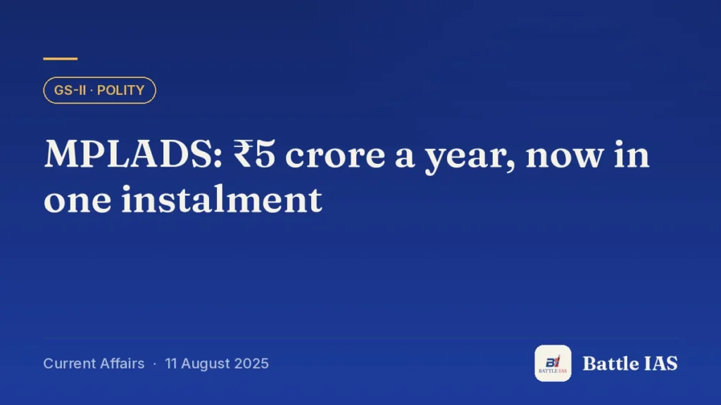Battle IAS current affairs title card: MPLADS: ₹5 crore a year, now in one instalment (GS2 · Polity, 11 August 2025)