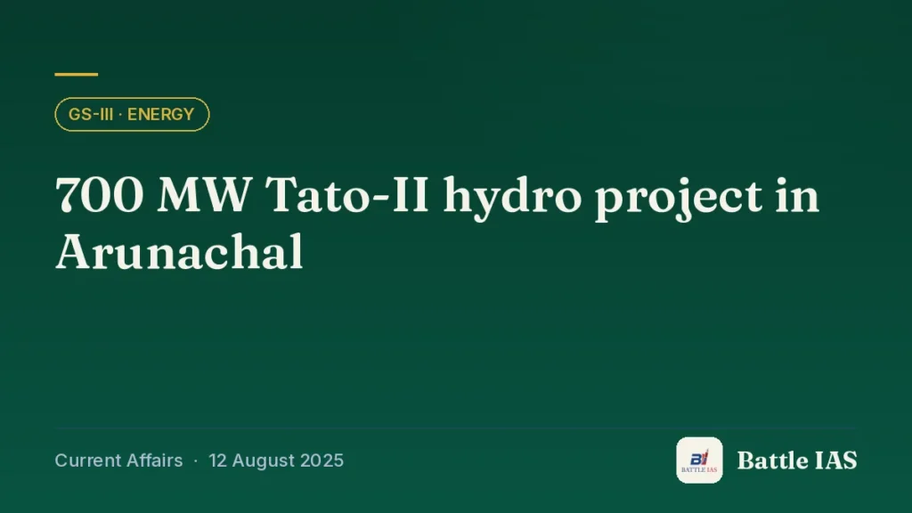Battle IAS current affairs title card: 700 MW Tato-II hydro project in Arunachal (GS3 · Energy, 12 August 2025)