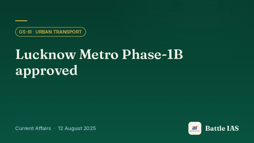 Battle IAS current affairs title card: Lucknow Metro Phase-1B approved (GS3 · Urban transport, 12 August 2025)