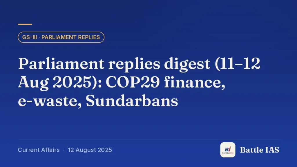 Battle IAS current affairs title card: Parliament replies digest (11–12 Aug 2025): COP29 finance, e-waste, Sundarbans (GS3 · Parliament replies, 12 August 2025)