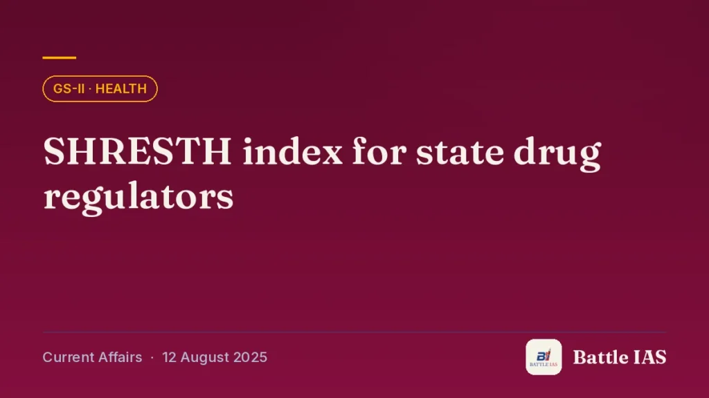 Battle IAS current affairs title card: SHRESTH index for state drug regulators (GS2 · Health, 12 August 2025)