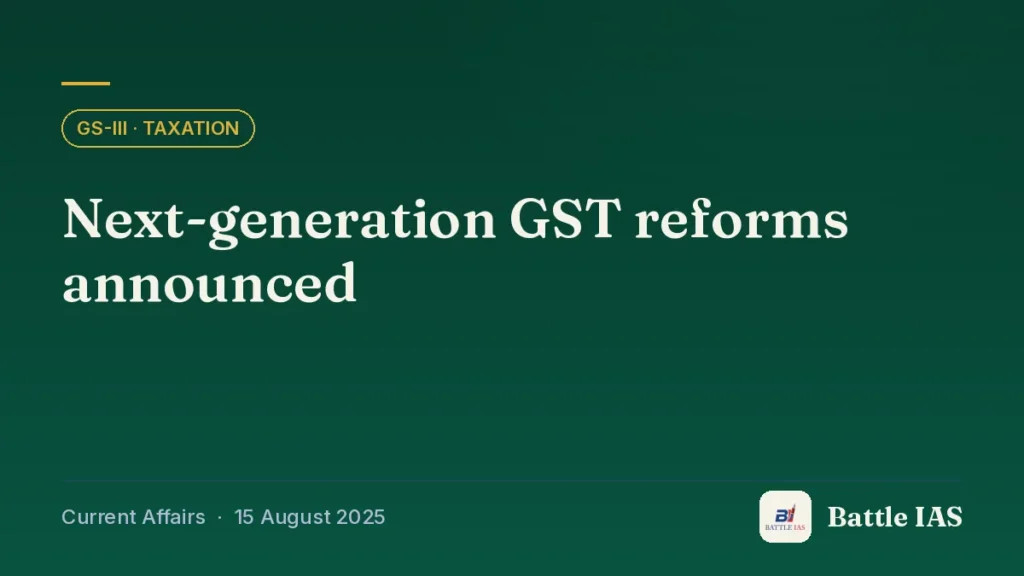 Battle IAS current affairs title card: Next-generation GST reforms announced (GS3 · Taxation, 15 August 2025)