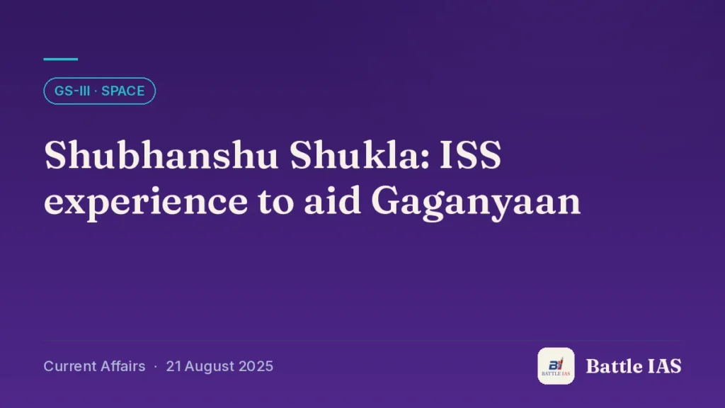 Battle IAS current affairs title card: Shubhanshu Shukla: ISS experience to aid Gaganyaan (GS3 · Space, 21 August 2025)