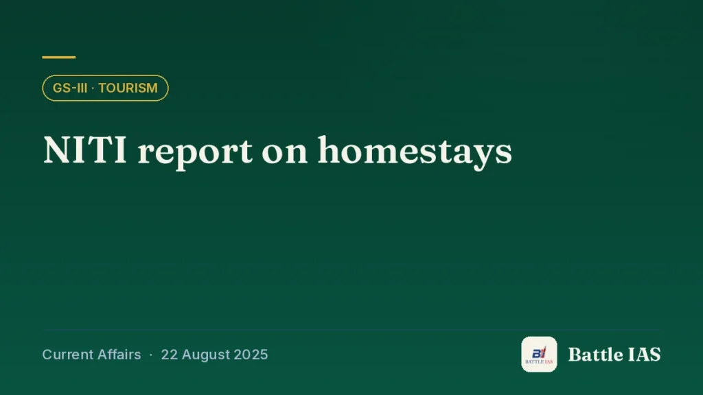 Battle IAS current affairs title card: NITI report on homestays (GS3 · Tourism, 22 August 2025)