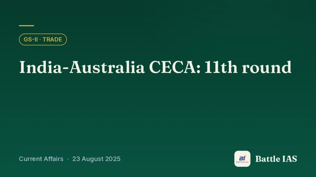 Battle IAS current affairs title card: India-Australia CECA: 11th round (GS2 · Trade, 23 August 2025)