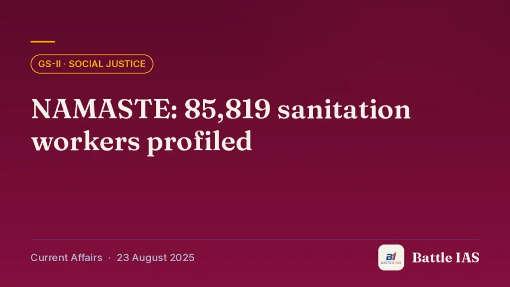 Battle IAS current affairs title card: NAMASTE: 85,819 sanitation workers profiled (GS2 · Social justice, 23 August 2025)