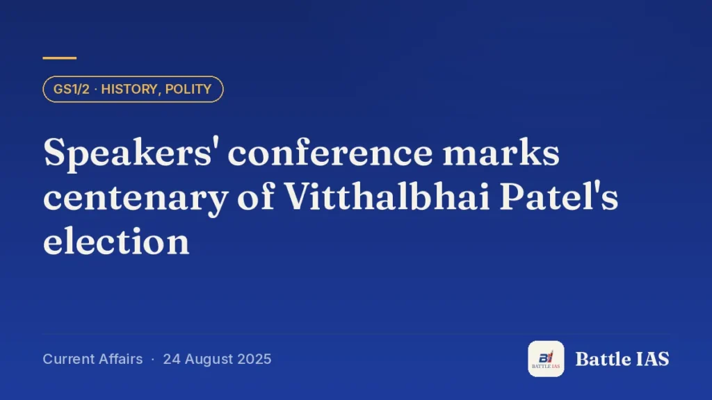 Battle IAS current affairs title card: Speakers' conference marks centenary of Vitthalbhai Patel's election (GS1/2 · History, Polity, 24 August 2025)