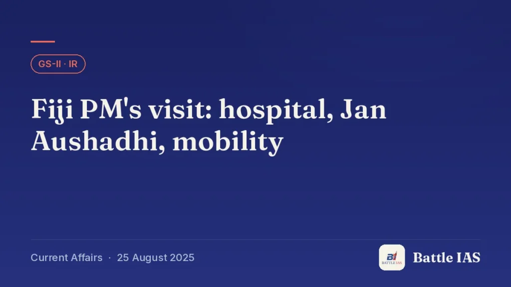 Battle IAS current affairs title card: Fiji PM's visit: hospital, Jan Aushadhi, mobility (GS2 · IR, 25 August 2025)