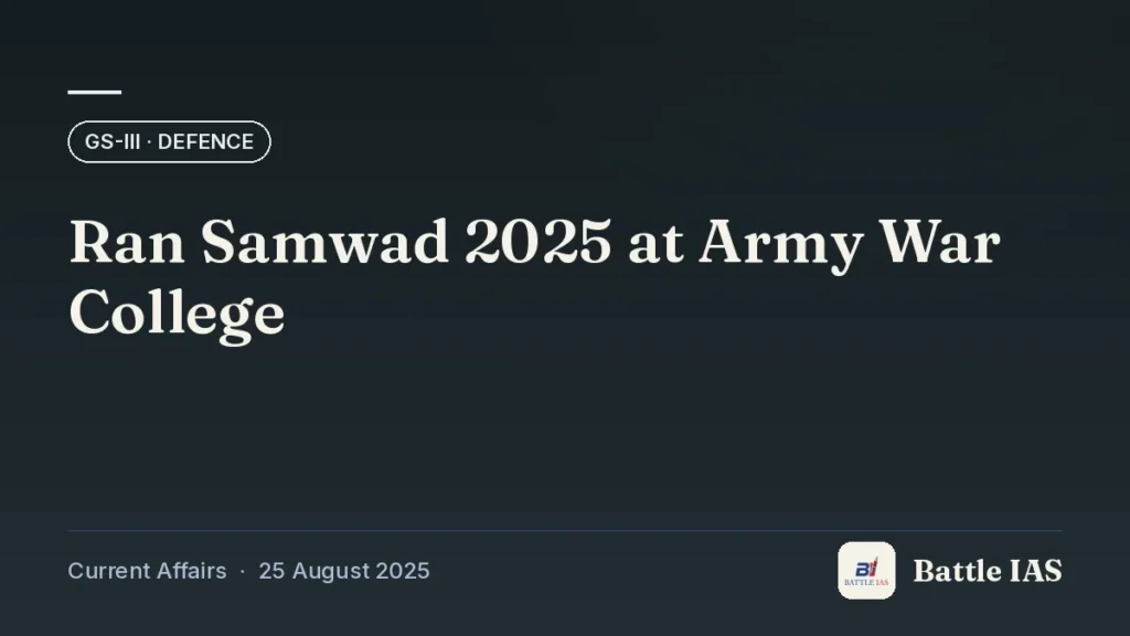 Battle IAS current affairs title card: Ran Samwad 2025 at Army War College (GS3 · Defence, 25 August 2025)