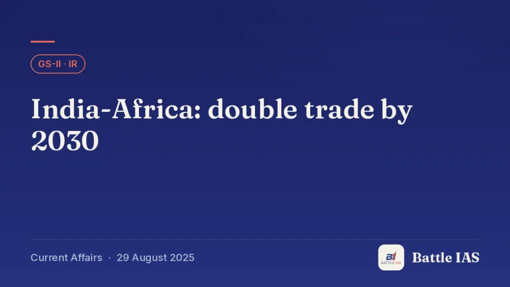Battle IAS current affairs title card: India-Africa: double trade by 2030 (GS2 · IR, 29 August 2025)