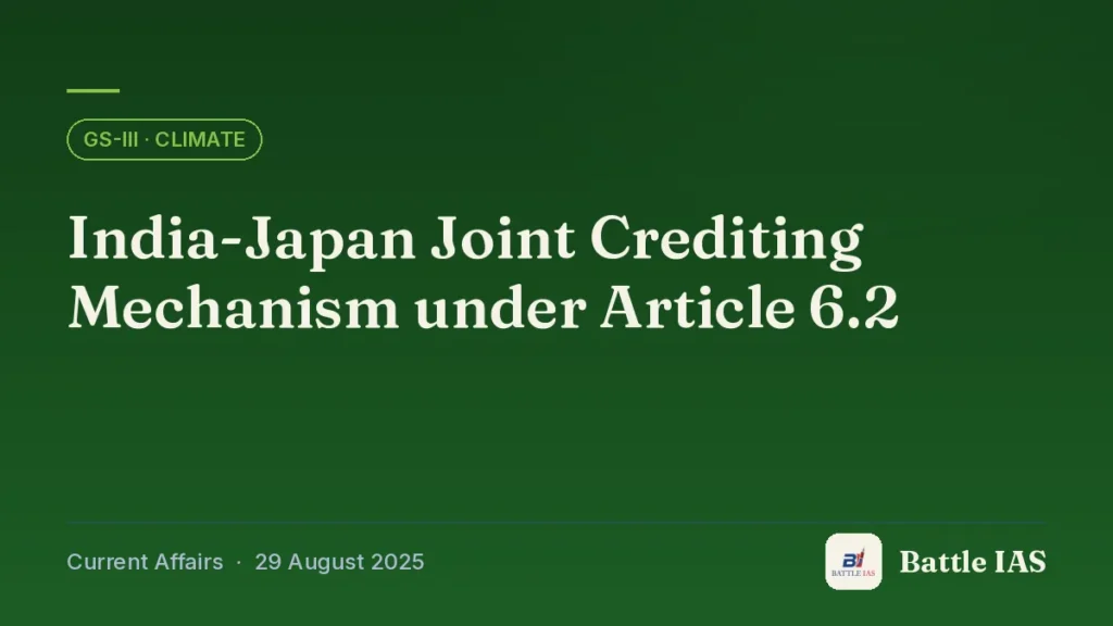 Battle IAS current affairs title card: India-Japan Joint Crediting Mechanism under Article 6.2 (GS3 · Climate, 29 August 2025)