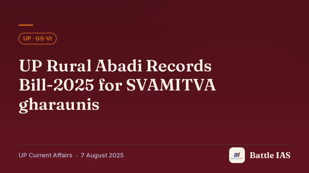 Battle IAS UP current affairs title card: UP Rural Abadi Records Bill-2025 for SVAMITVA gharaunis (, 7 August 2025)