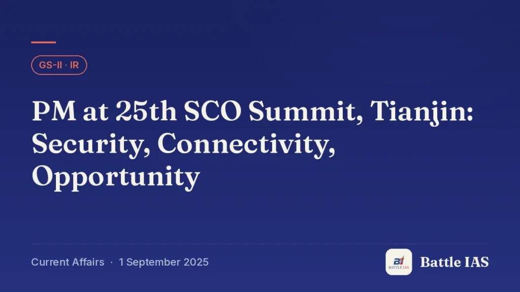 Battle IAS current affairs title card: PM at 25th SCO Summit, Tianjin: Security, Connectivity, Opportunity (GS2 · IR, 1 September 2025)