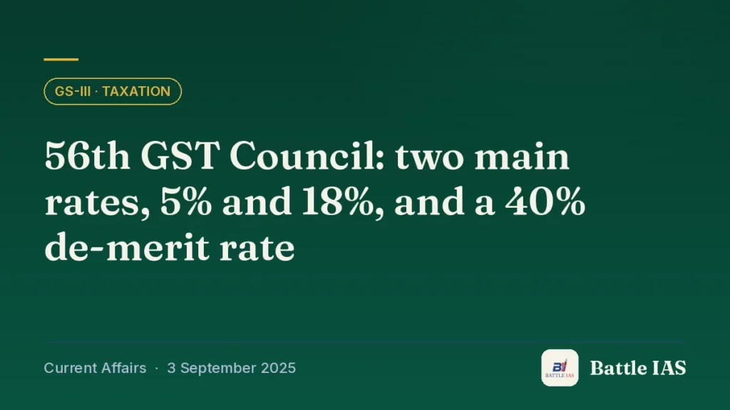 Battle IAS current affairs title card: 56th GST Council: two main rates, 5% and 18%, and a 40% de-merit rate (GS3 · Taxation, 3 September 2025)