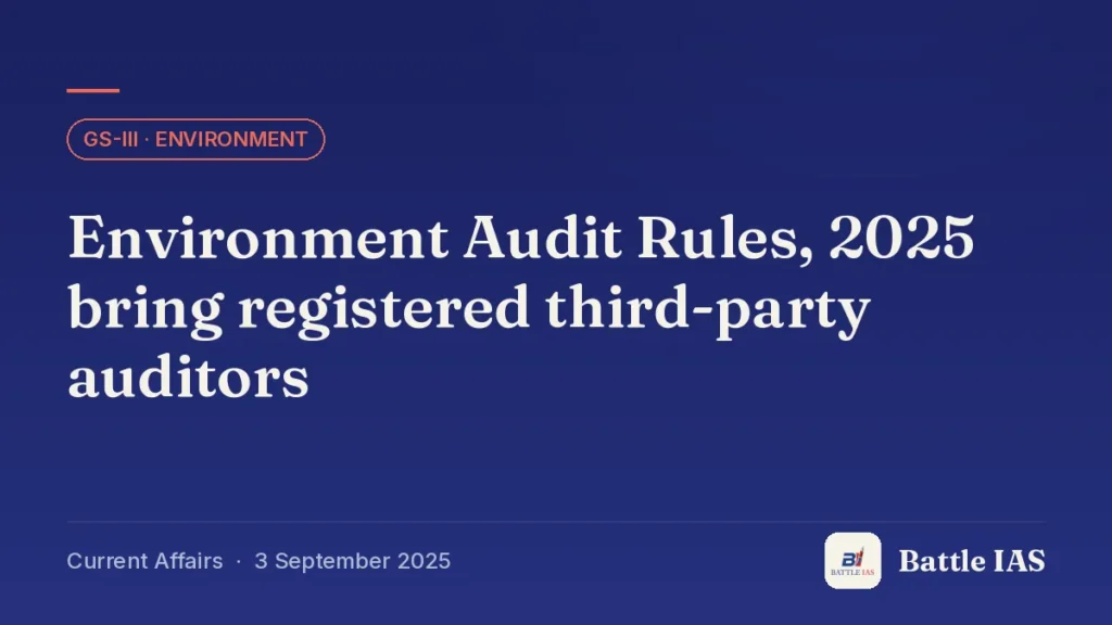 Battle IAS current affairs title card: Environment Audit Rules, 2025 bring registered third-party auditors (GS3 · Environment, 3 September 2025)