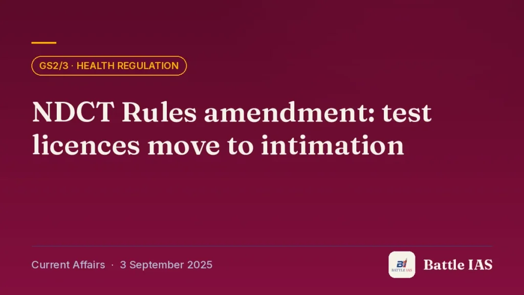 Battle IAS current affairs title card: NDCT Rules amendment: test licences move to intimation (GS2/3 · Health regulation, 3 September 2025)
