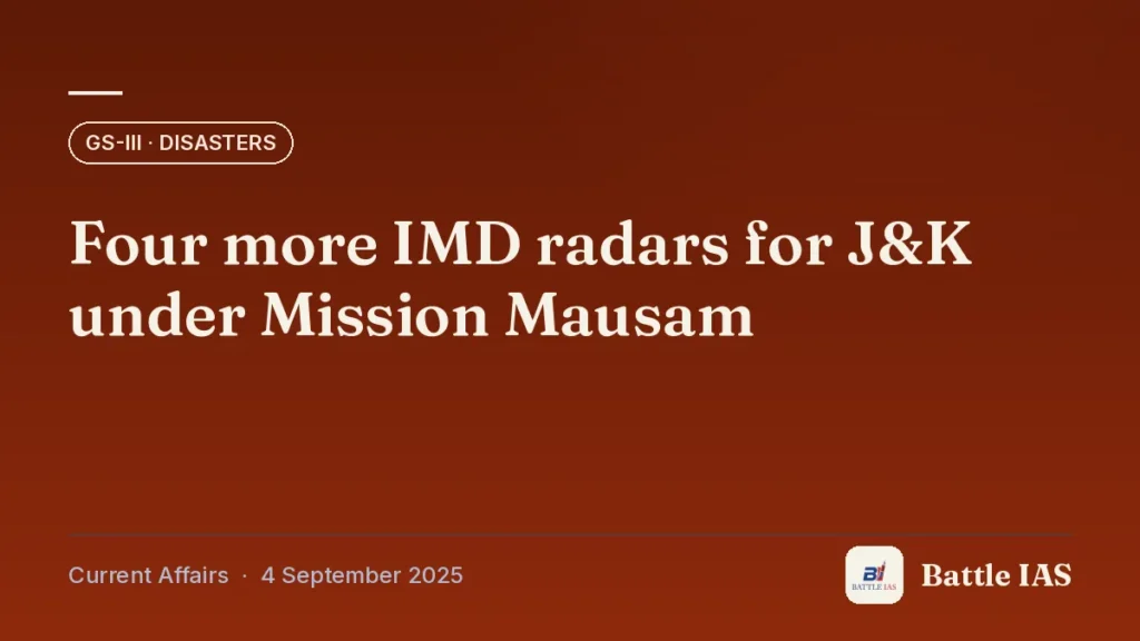 Battle IAS current affairs title card: Four more IMD radars for J&K under Mission Mausam (GS3 · Disasters, 4 September 2025)