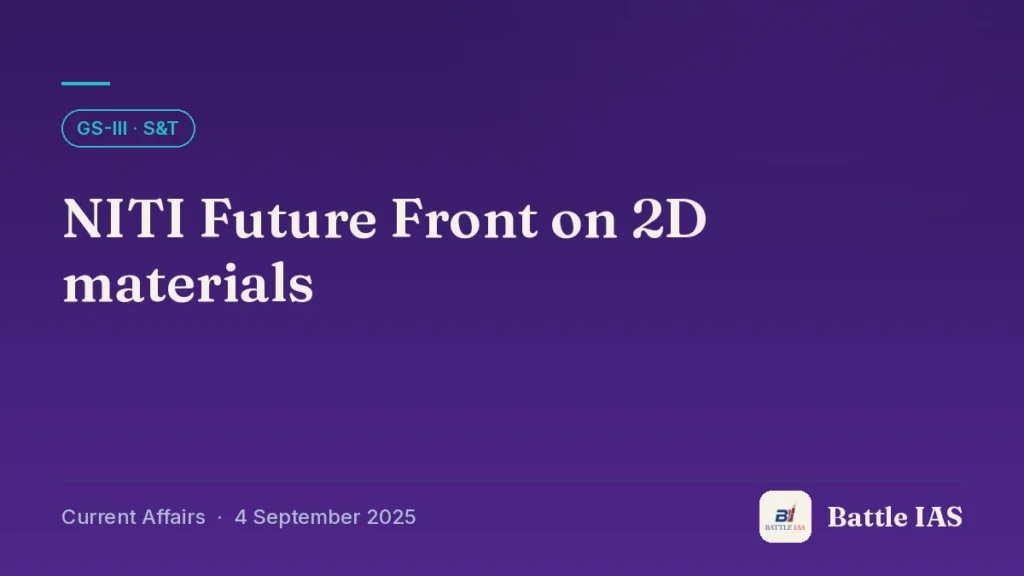 Battle IAS current affairs title card: NITI Future Front on 2D materials (GS3 · S&T, 4 September 2025)