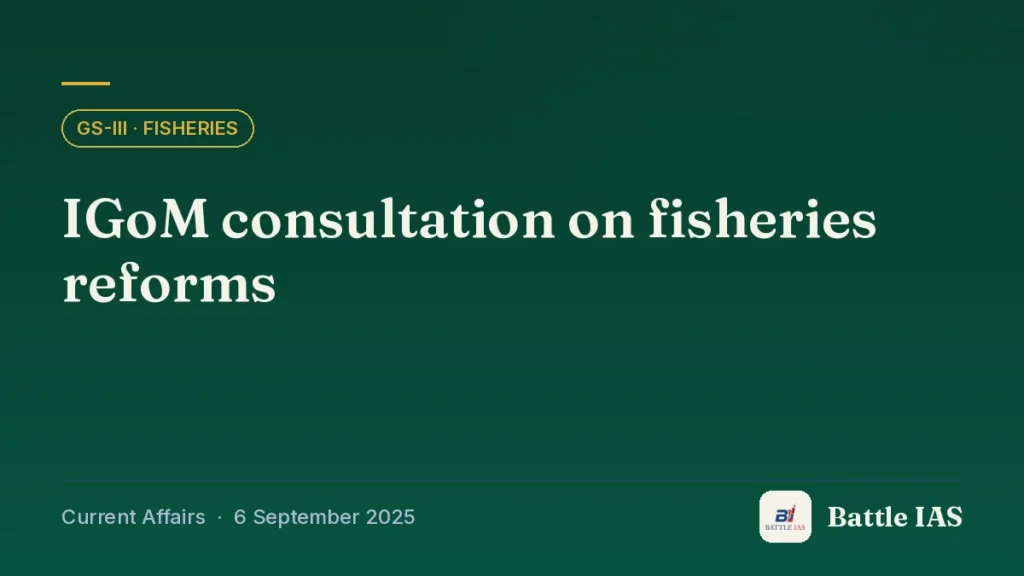 Battle IAS current affairs title card: IGoM consultation on fisheries reforms (GS3 · Fisheries, 6 September 2025)